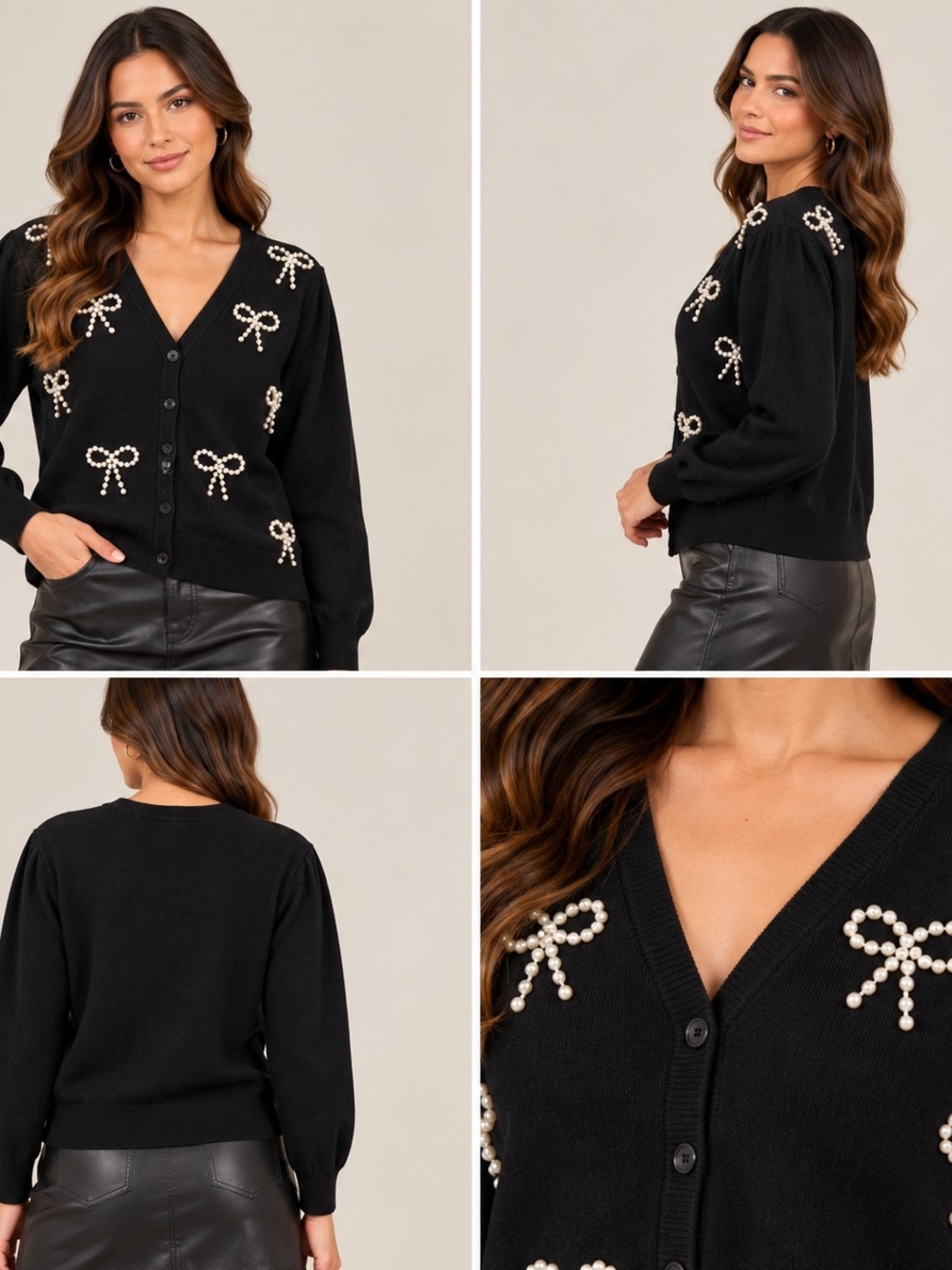 Sugarlips Black Pearl Bow V-Neck Cardigan